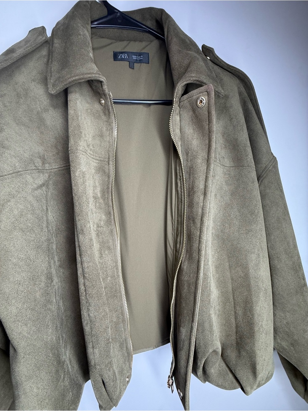 Viral Zara Suede Effect Bomber Jacket -Olive & Oversized - Picture 9 of 10